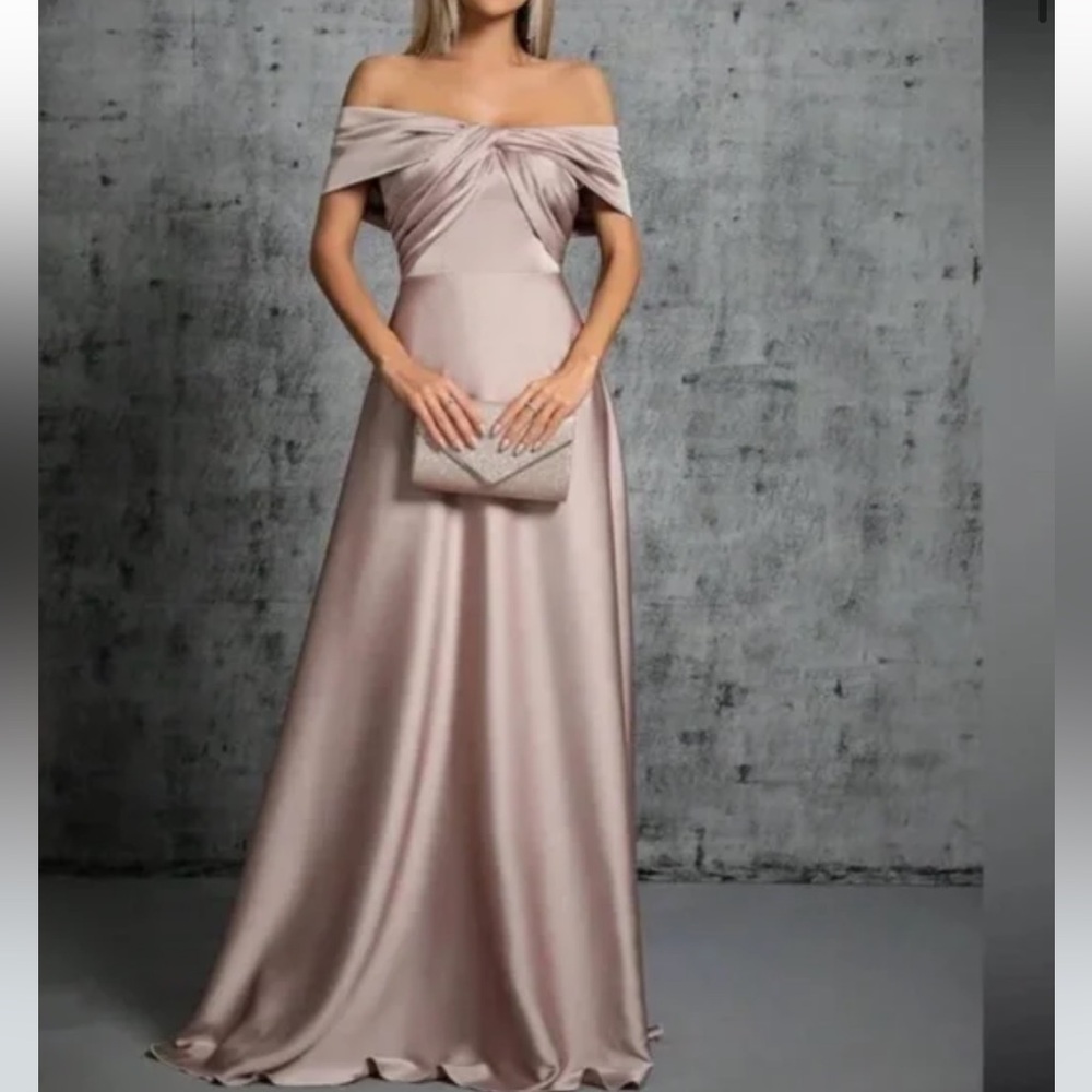 Luxe khaki off shoulder party formal evening satin gown dress